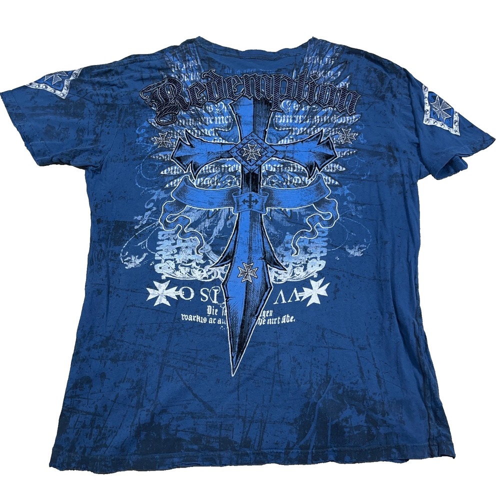 Archaic Shirt Men XL Blue Tee Cross Sword Redemption Spell Out Y2K AOP Adult *